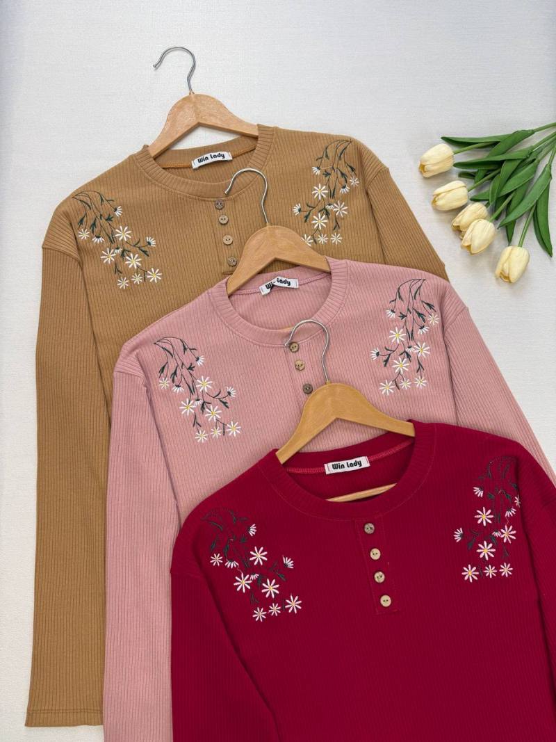 بلوز کرکره ای سر شانه گلدوزی دکمه نما